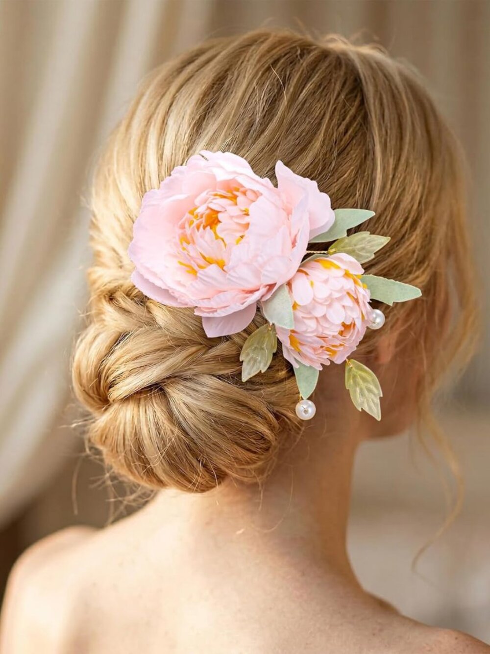 Double Pink Peony Flowers‎ Hair Clip with Pearls Prom Wedding Party Summer